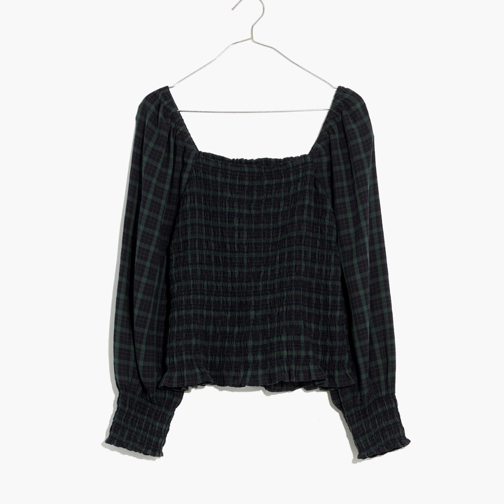 Madewell Lucie Bubble-Sleeve Smocked Plaid Top